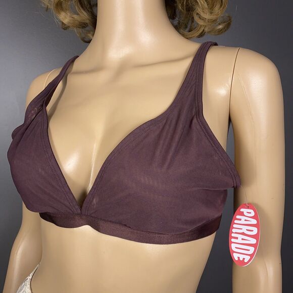 New Parade Silky Mesh Plunge Bralette Bra Pony Berry Purple Semi-Sheer Large - Picture 1 of 9